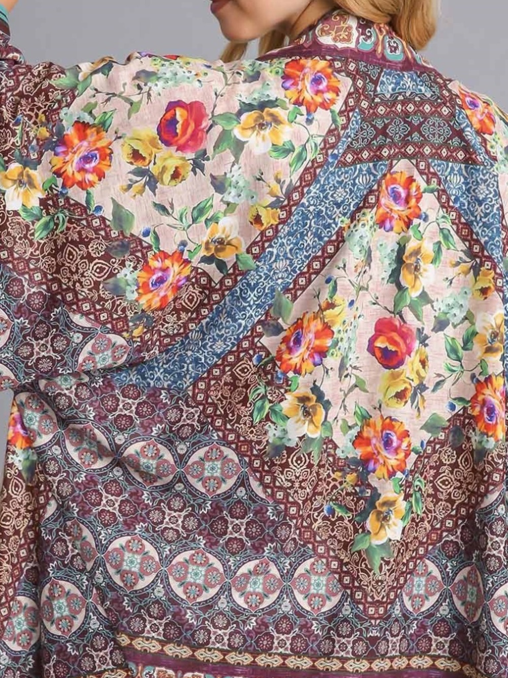 NWT Umgee Mixed Print Boho Kimono - Maroon Mix